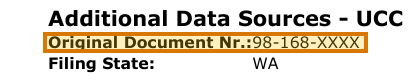 The region of the sample UCC Lien Search containing Original document number, with the extracted value outlined