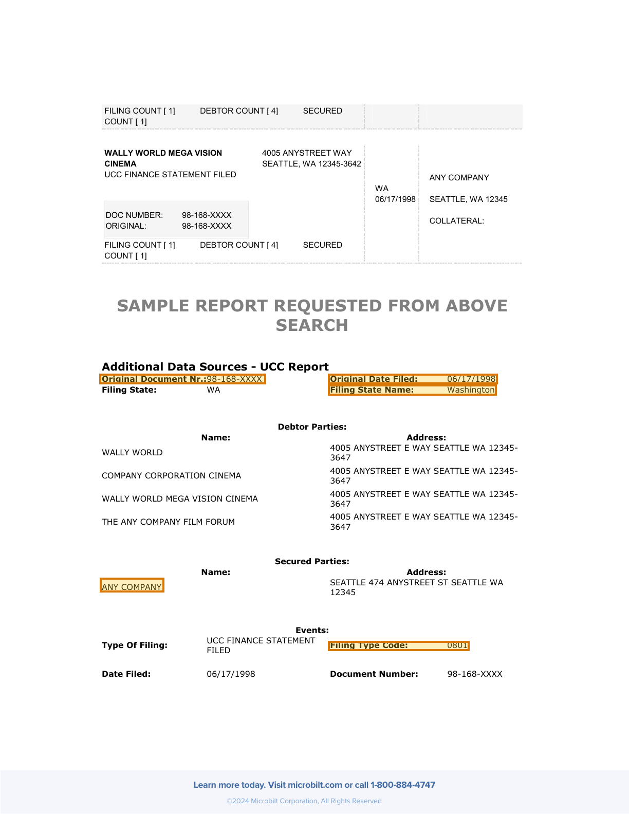 Page 2 of a sample UCC Lien Search, with extracted values outlined