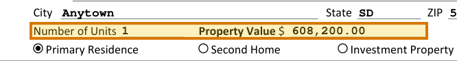 The region of the sample Uniform Residential Loan Application containing Property value, with the extracted value outlined