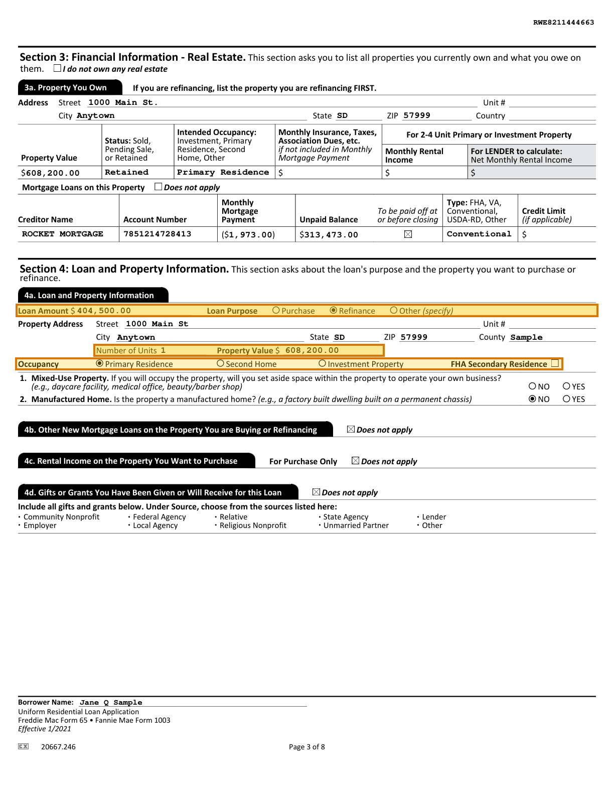 Page 3 of a sample Uniform Residential Loan Application, with extracted values outlined