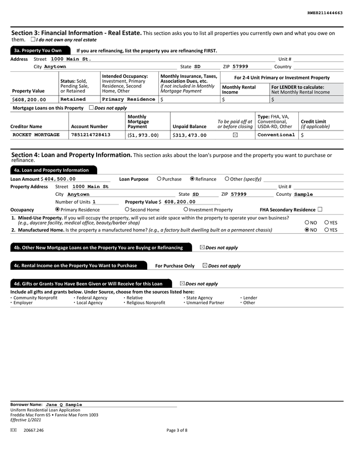 Page 3 of the sample Uniform Residential Loan Application