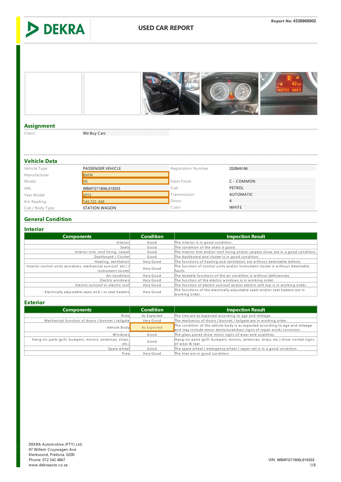 Page 1 of a sample Vehicle Inspection Report, with extracted values outlined