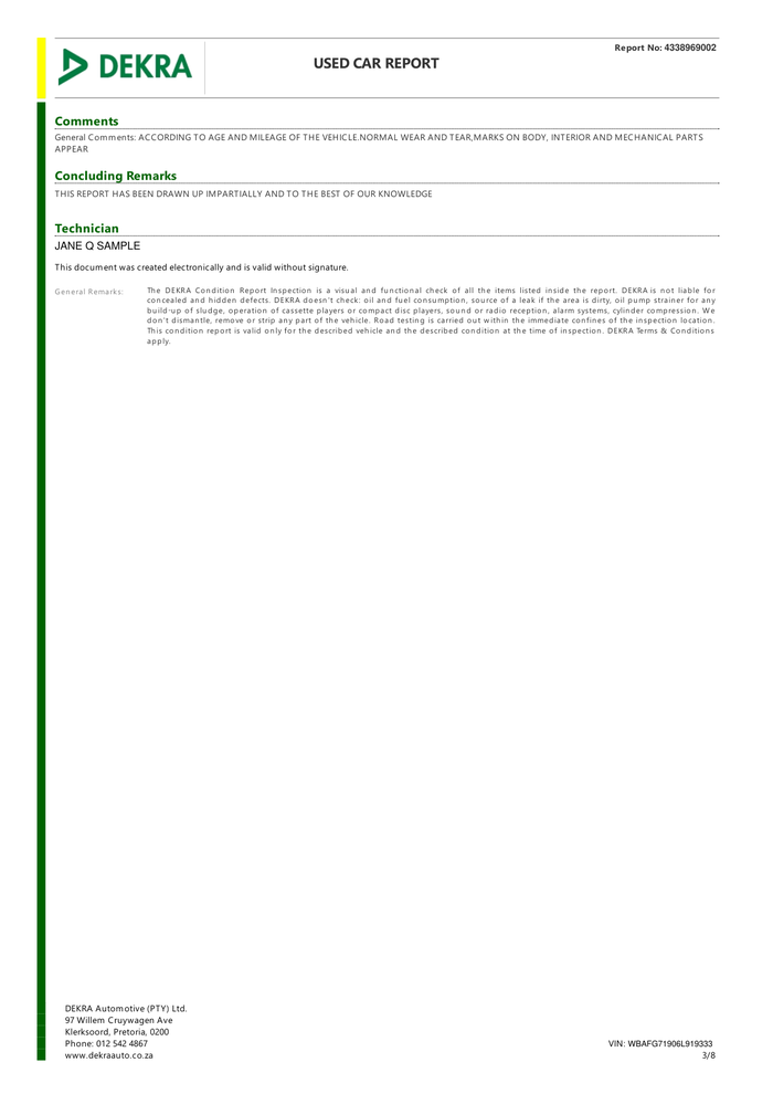 Page 3 of the sample Vehicle Inspection Report