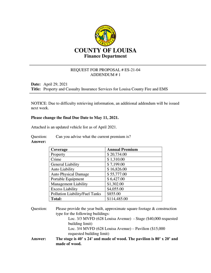 Page 1 of the sample Vehicle Schedule