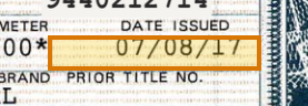 The region of the sample Vehicle Title containing Date issued, with the extracted value outlined
