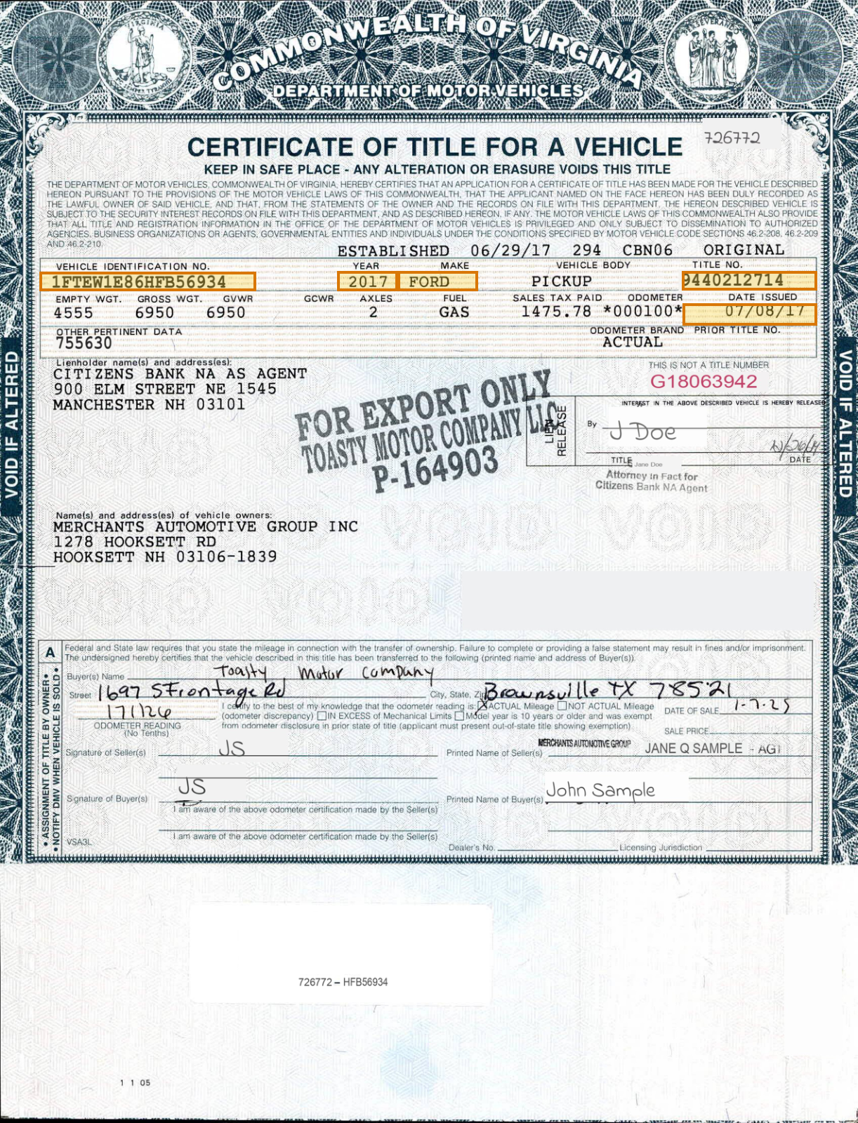 Page 1 of a sample Vehicle Title, with extracted values outlined