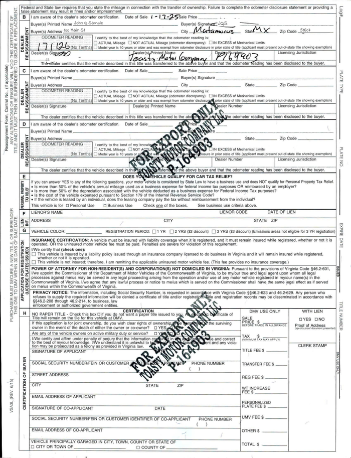 Page 2 of the sample Vehicle Title