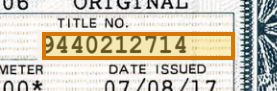 The region of the sample Vehicle Title containing Title number, with the extracted value outlined