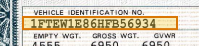 The region of the sample Vehicle Title containing VIN, with the extracted value outlined
