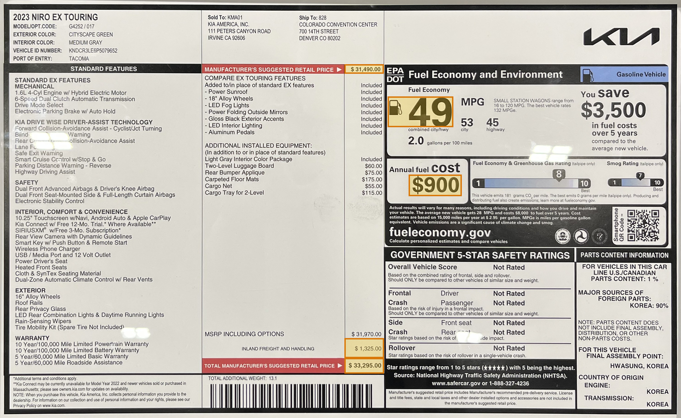 Page 1 of a sample Vehicle Window Sticker, with extracted values outlined