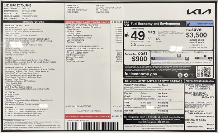 Page 1 of the sample Vehicle Window Sticker