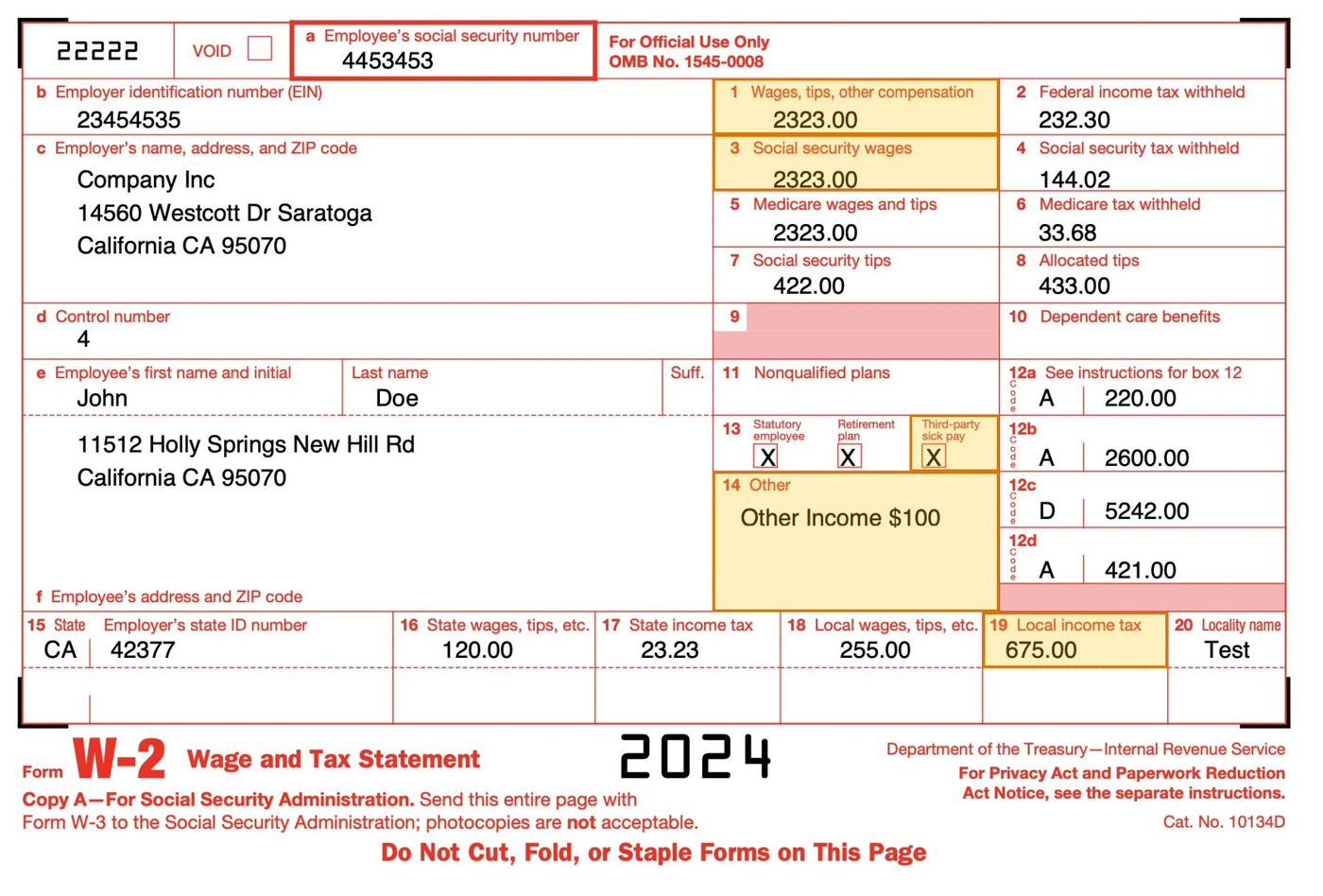 Page 1 of a sample W-2 Form, with extracted values outlined