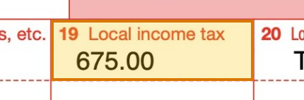 The region of the sample W-2 Form containing Local income tax (box 19), with the extracted value outlined