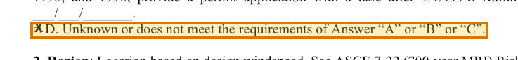 The region of the sample Wind Mitigation Inspection containing Building code answer, with the extracted value outlined
