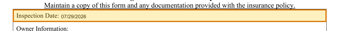 The region of the sample Wind Mitigation Inspection containing Inspection date, with the extracted value outlined