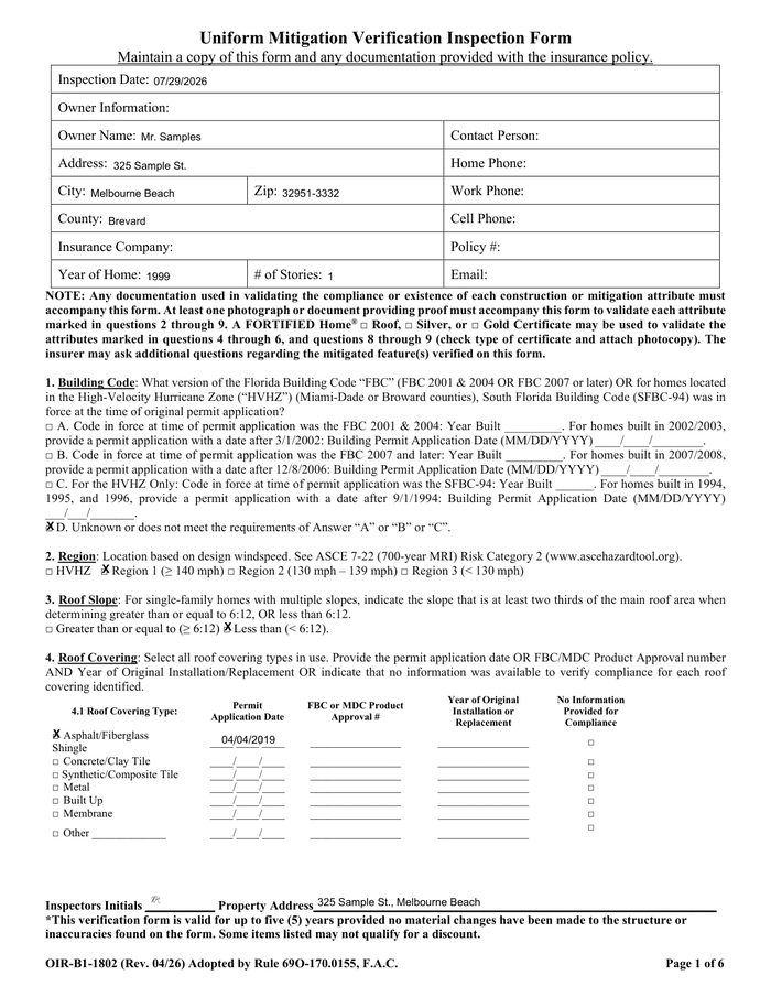 Page 1 of the sample Wind Mitigation Inspection
