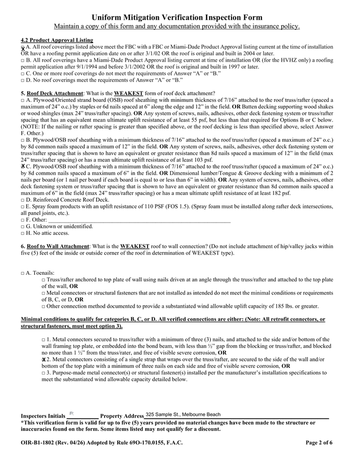 Page 2 of the sample Wind Mitigation Inspection