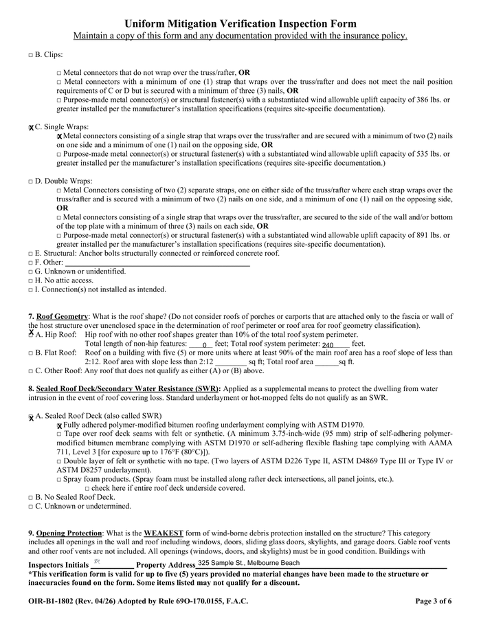 Page 3 of the sample Wind Mitigation Inspection