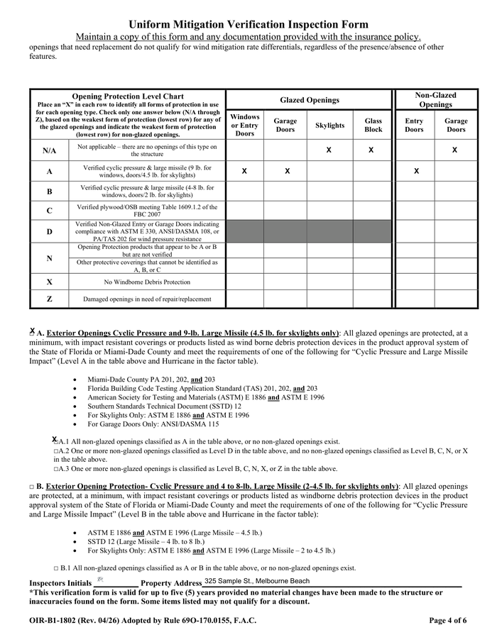 Page 4 of the sample Wind Mitigation Inspection