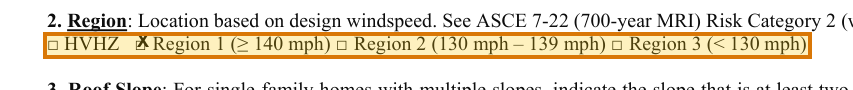 The region of the sample Wind Mitigation Inspection containing Wind region, with the extracted value outlined