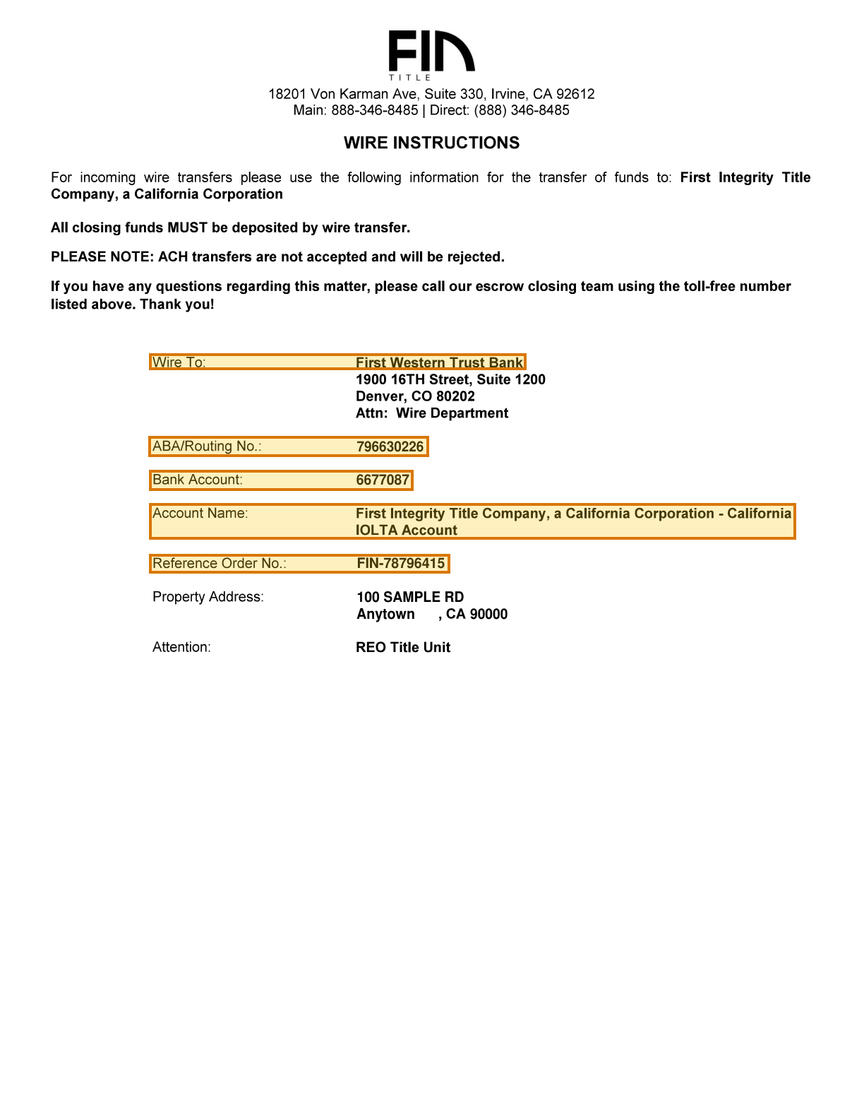 Page 1 of a sample Wire Instructions, with extracted values outlined