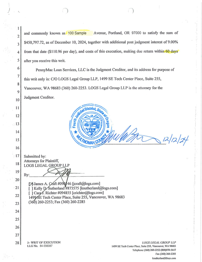 Page 2 of the sample Writ of Execution