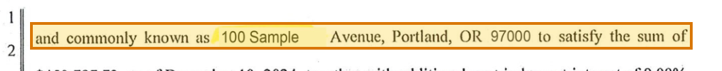 The region of the sample Writ of Execution containing Property, with the extracted value outlined