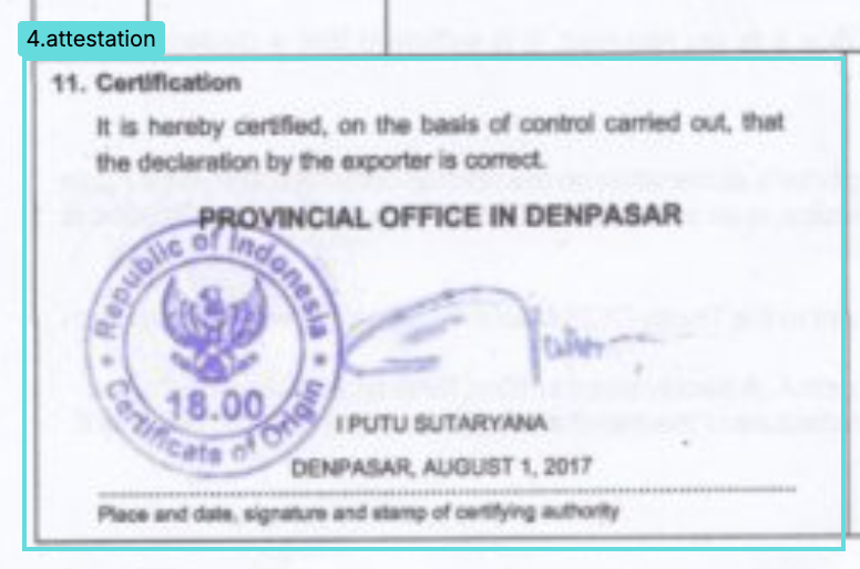 Zoomed certification box showing the stamp of the Republic of Indonesia and the signature, with the STAMPED and SIGNED attestation output