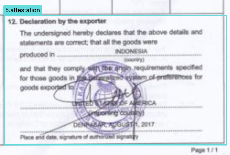 Zoomed exporter declaration box showing the overlapping stamp and signature, with the STAMPED attestation output