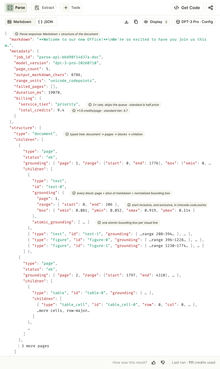Parse response showing markdown, metadata, and structure fields