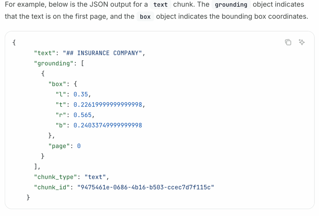 Example of ADE JSON output showing text extraction with bounding box coordinates for visual grounding.
