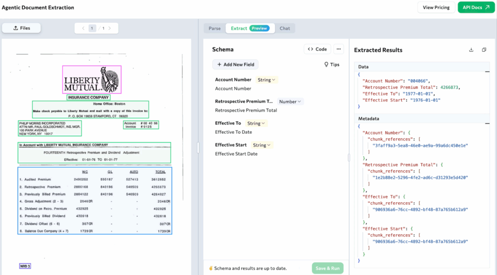 Screenshot of ADE Playground extracting specific fields from an insurance document